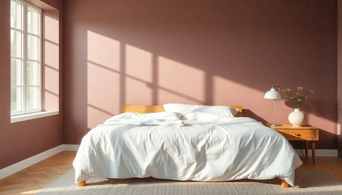A bedroom with mauve walls, warm white linen bedding, a natural timber bed frame, and a single ceramic lamp on a side table